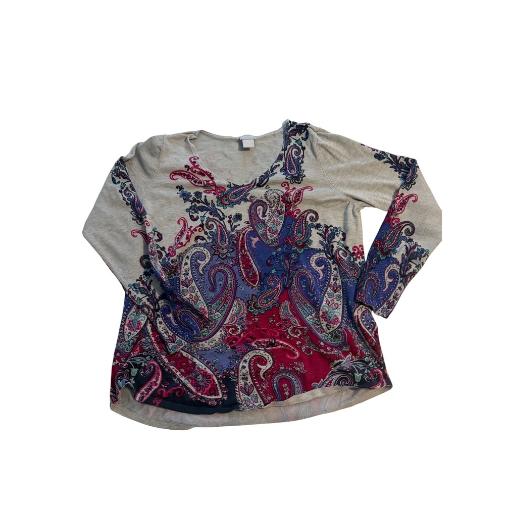 Chico's Sweater Paisley Boho Gray Blue Pink V-Neck‎ Lightweight Knit Size 1 M
